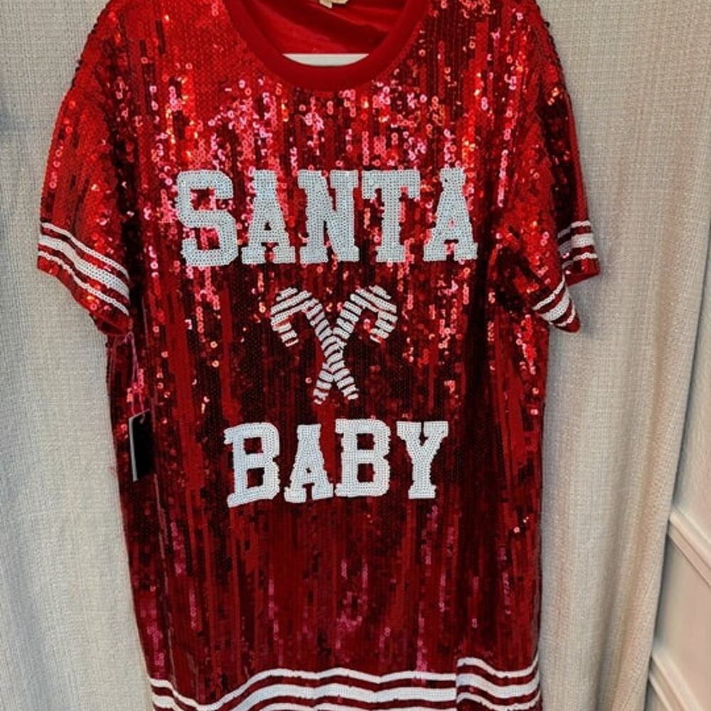 Simply Southern NWT women’s size Large red sequence Santa Baby dress